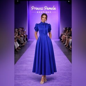 #233 Royal blue Neoprene Bow Neck puffy sleeve maxi dress-Size 4/Small